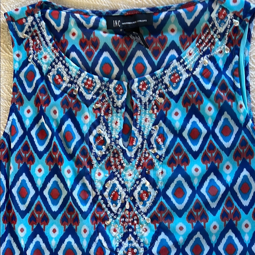 INC International Concepts Women's Blue and Red Geometric Blouse